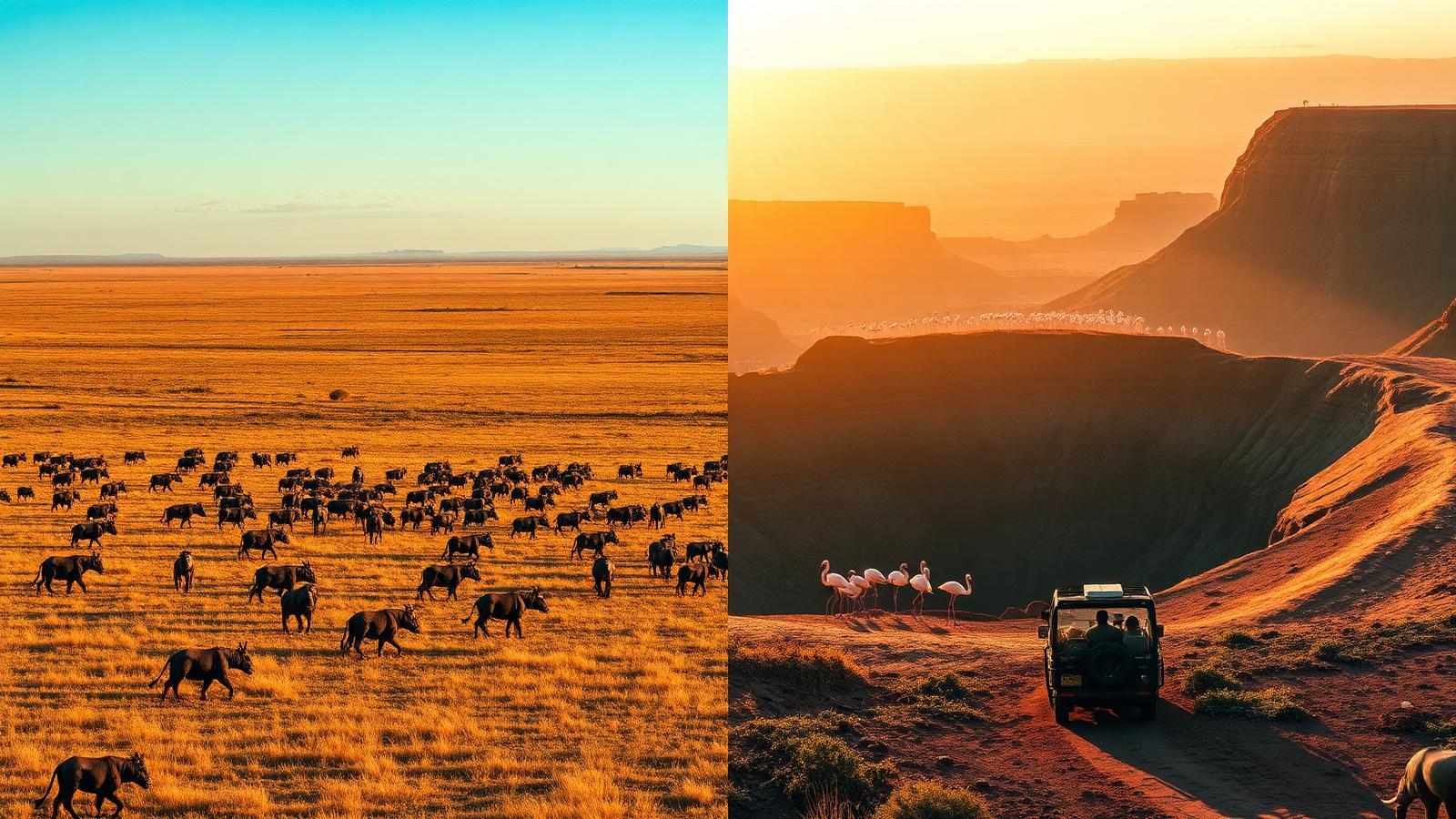 Split-scene comparison of the Serengeti's golden plains with a wildebeest herd on the left and the Ngorongoro Crater floor with a safari vehicle beside flamingos on the right, both at golden hour