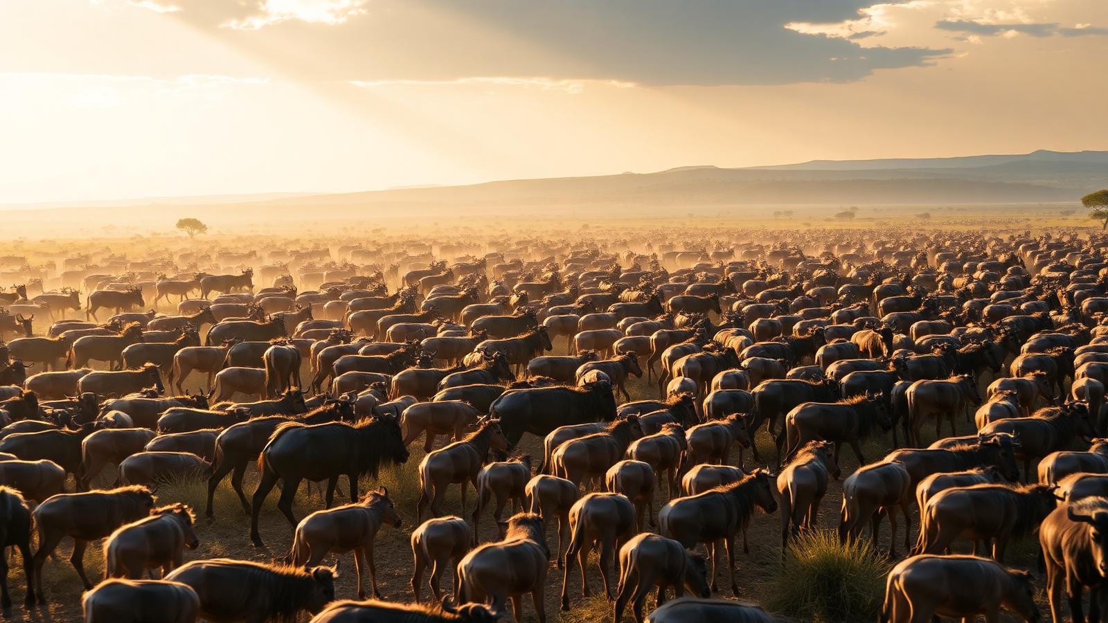 Thousands of wildebeest and newborn calves grazing on the Ndutu short-grass plains at sunrise during calving season, with predators visible in the distance and Acacia trees on the horizon