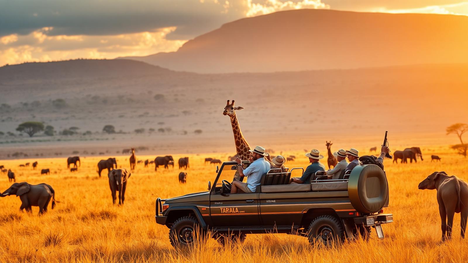 International tourists on a Tanzania safari watching elephants and giraffes across the golden Serengeti plains at sunset, illustrating the real experience behind common safari myths