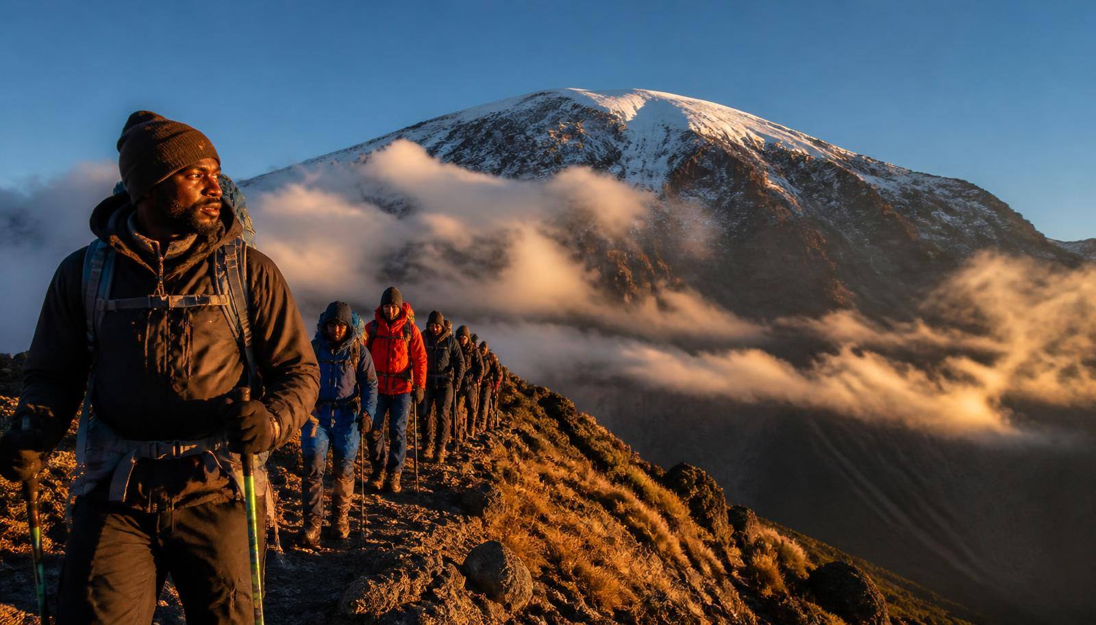 Climbers led by a Tanzanian mountain guide walking a ridge on Mount Kilimanjaro at golden sunrise, with the snow-capped Kibo summit and a sea of clouds behind them