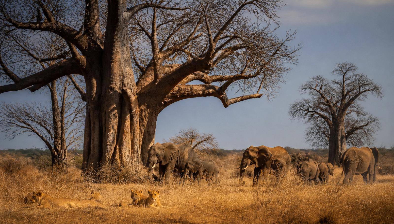 A herd of elephants walking beneath giant baobab trees with lionesses resting in golden grass in the foreground, Ruaha National Park, southern Tanzania, at late afternoon light