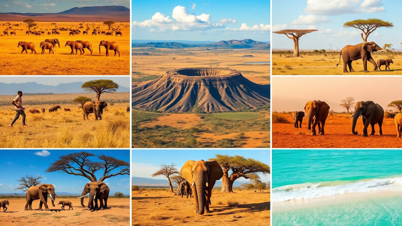 Collage of Tanzania safari experiences — Serengeti wildlife, Ngorongoro Crater vista, Tarangire elephants under baobab trees and a turquoise Zanzibar beach
