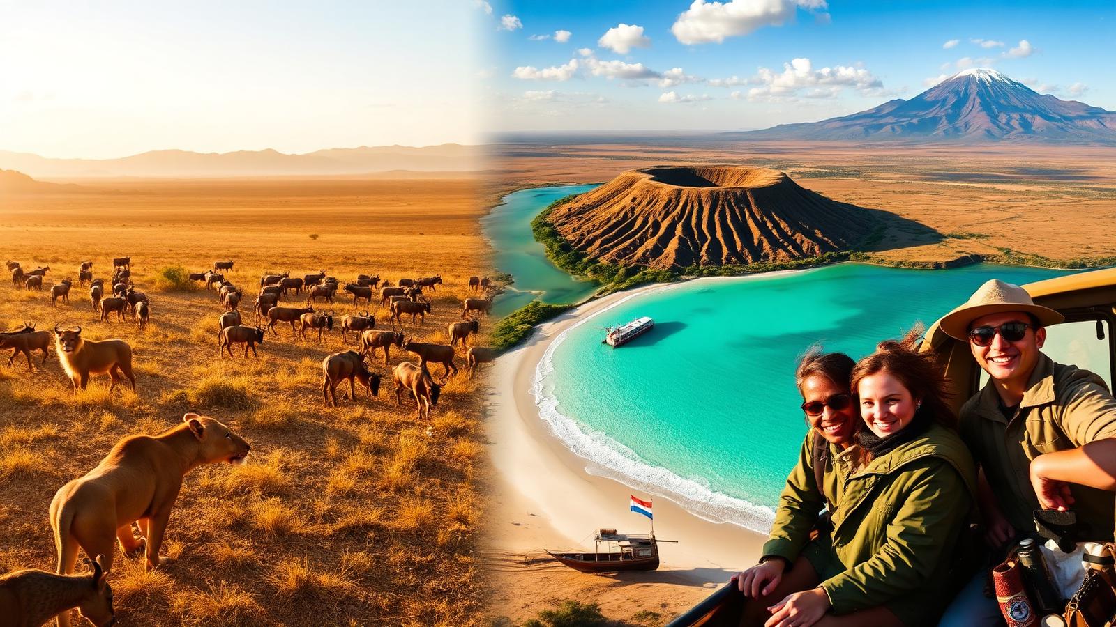 Tanzania travel collage: Serengeti wildlife at golden hour, Ngorongoro Crater vista, Zanzibar's turquoise coast with a traditional dhow, snow-capped Mount Kilimanjaro and smiling travelers on a safari game drive