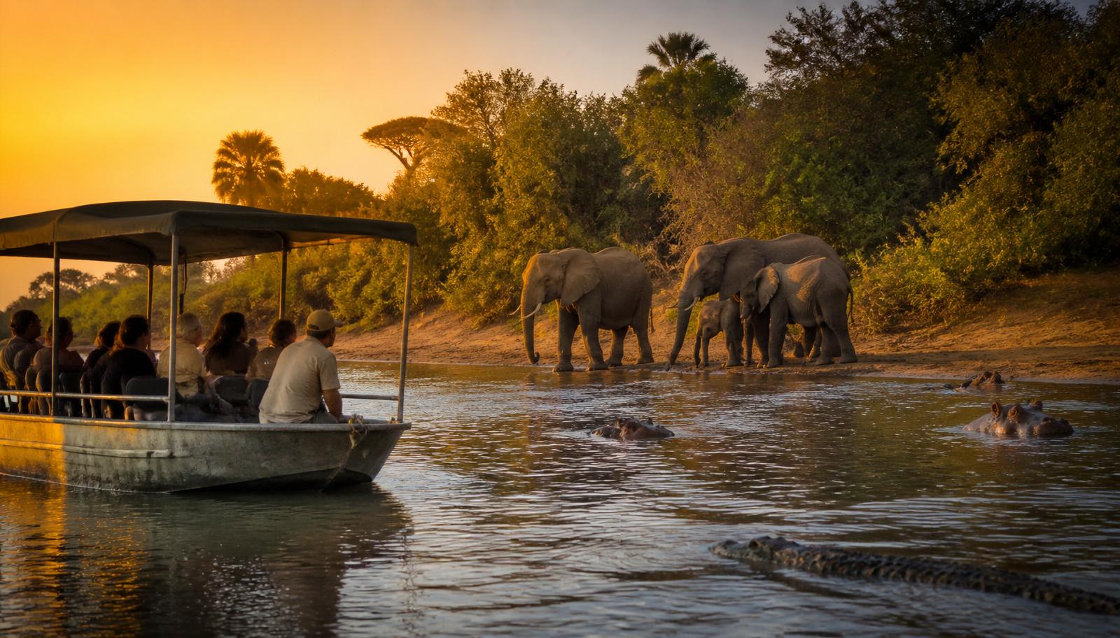 A safari boat on the Rufiji River in Nyerere National Park at golden sunset with a family of elephants drinking at the riverbank and hippos and crocodiles in the water