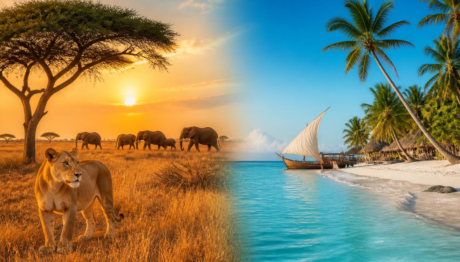 Split-scene Tanzania vacation showing a Serengeti lioness and elephants under an acacia tree at golden sunset beside a pristine Zanzibar beach with turquoise ocean, a wooden dhow sailboat, and palm trees