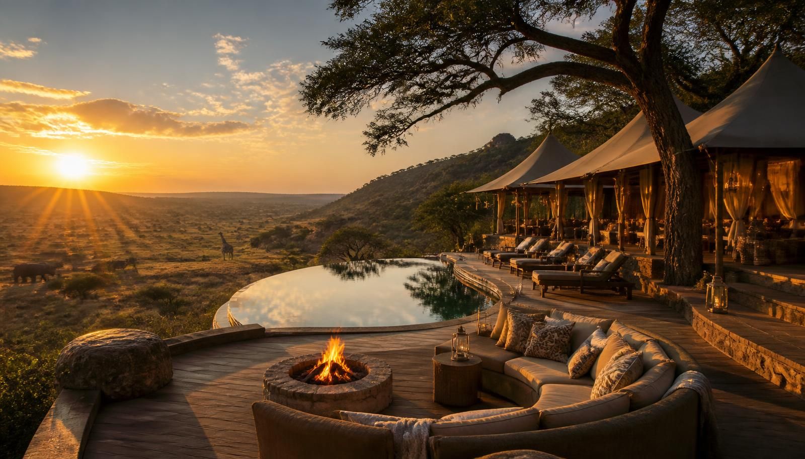 Luxury Tanzania safari lodge at sunset overlooking the Serengeti plains with an infinity pool, fire pit, canvas tents and distant elephants