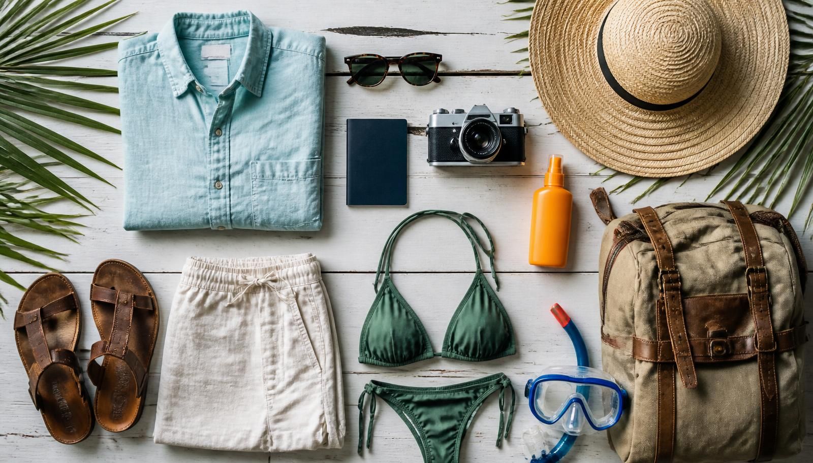 Flat lay of Zanzibar travel essentials including light linen clothing, sunglasses, passport, camera, sunscreen, straw beach hat, leather sandals, swimsuit, snorkel mask and a canvas travel bag on white wood with palm leaves