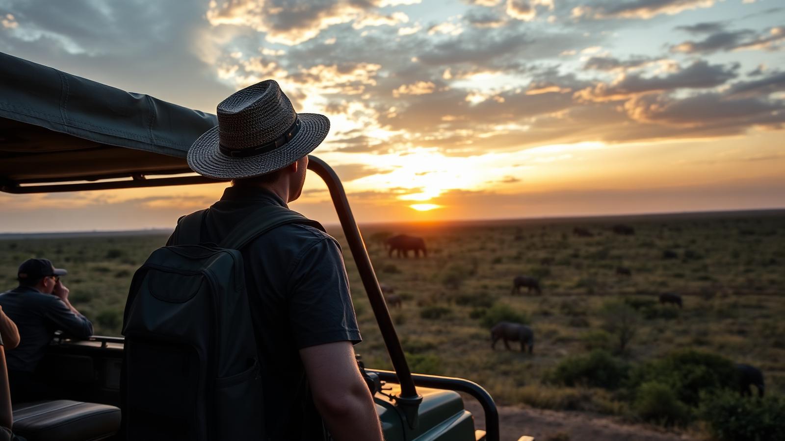 A solo traveler in a wide-brim hat standing in the open roof of a safari vehicle overlooking the Serengeti plains at sunrise with elephants in the distance, illustrating solo travel in Tanzania
