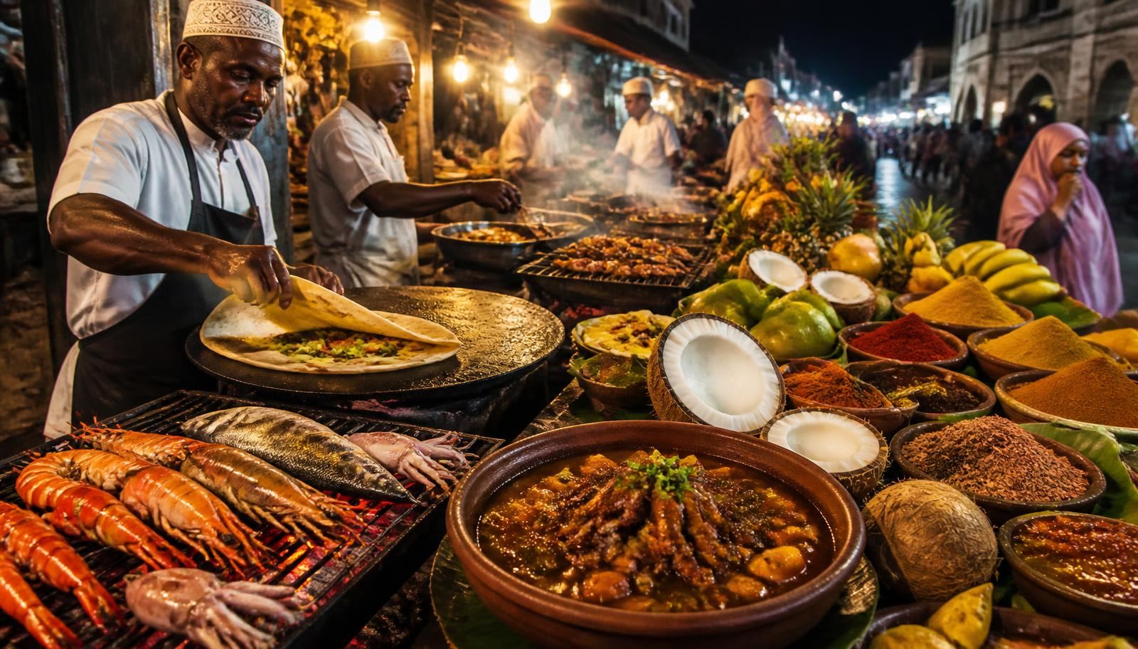 Zanzibar street food scene at Stone Town's night market with grilled seafood, Zanzibar pizza on a hot plate, octopus curry, tropical fruit and bowls of local spices