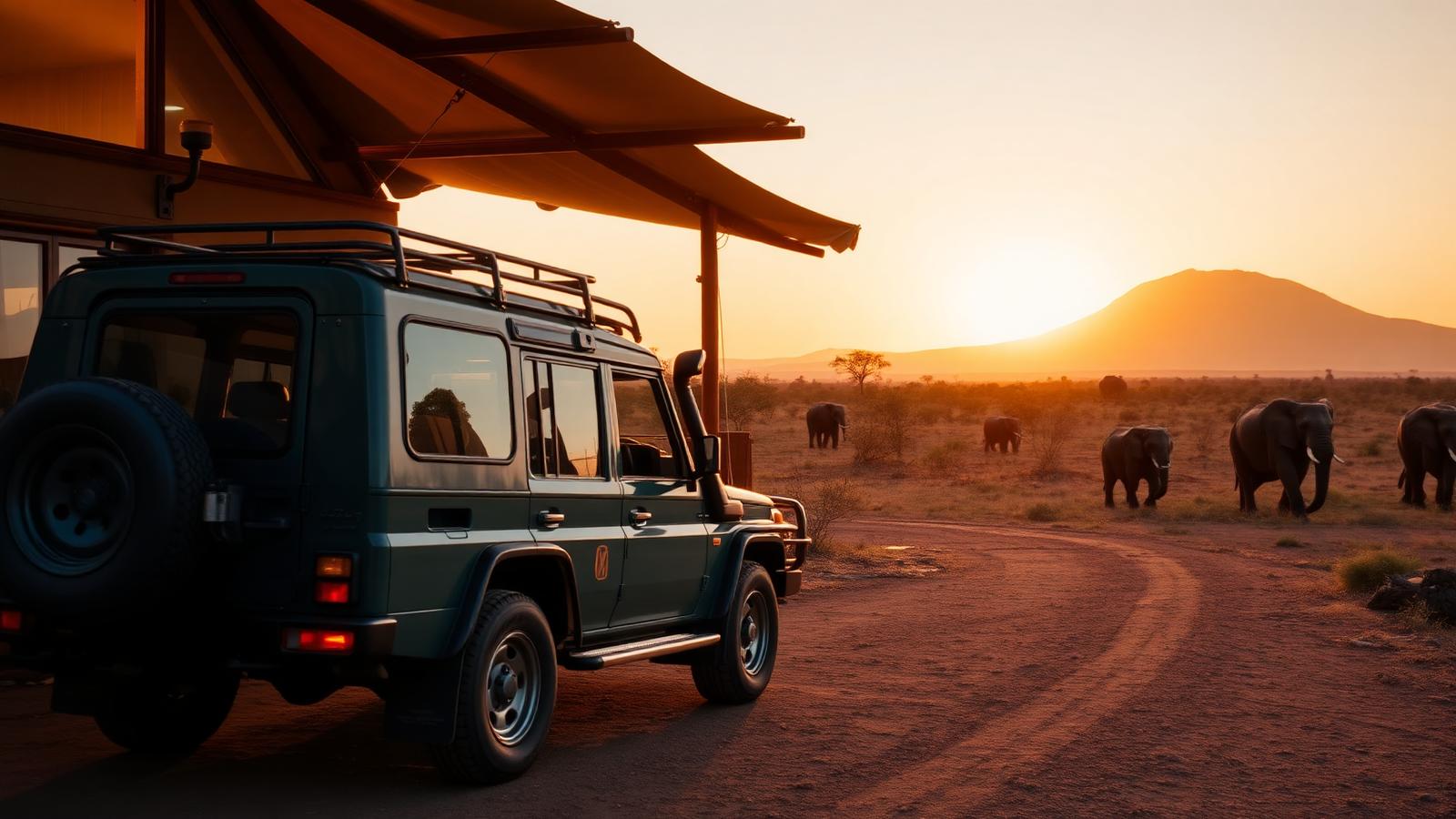 Luxury safari 4x4 Land Cruiser parked beside an African safari lodge at golden hour with elephants grazing on the savannah and Mount Kilimanjaro on the horizon, illustrating Tanzania safari planning and budgeting