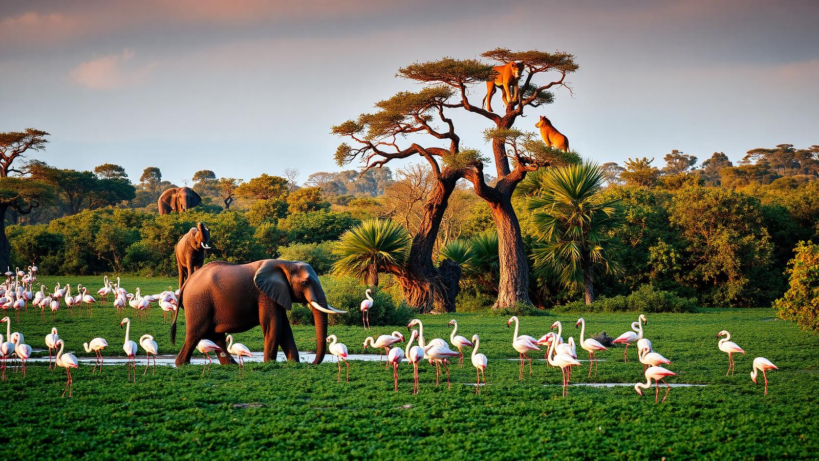 Elephants and flamingos on the alkaline shore of Lake Manyara at golden hour with two lions resting in the fork of a large acacia tree and the Rift Valley escarpment rising behind the groundwater forest