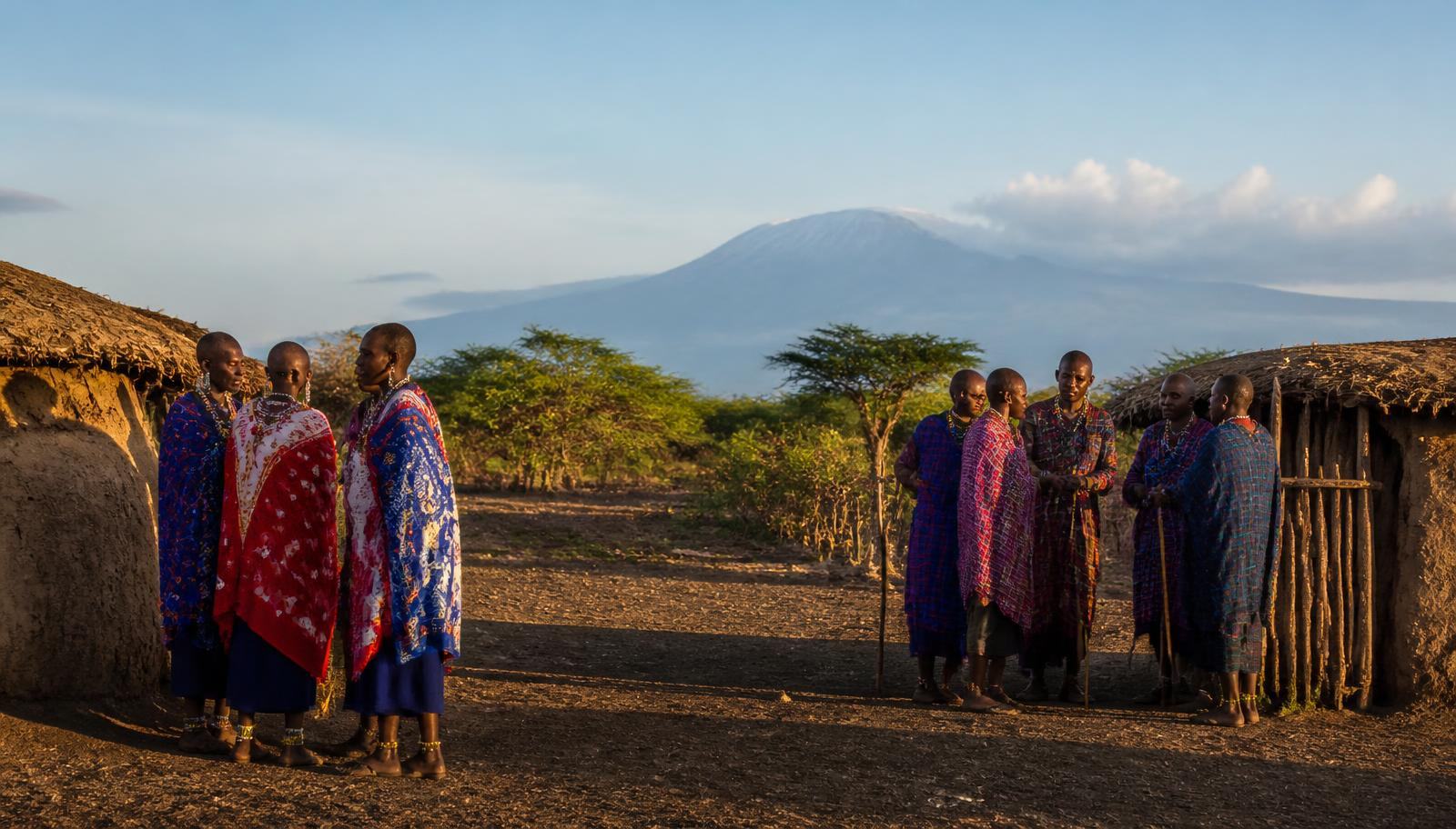 Maasai men and women in traditional red and blue shukas standing beside a thatched boma in northern Tanzania with a volcanic peak on the horizon in golden evening light