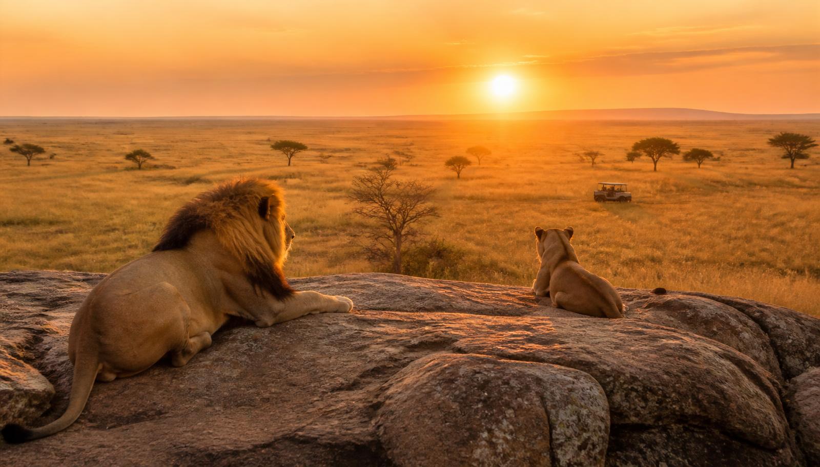 Male and female lion resting on a Central Serengeti kopje at sunrise with a distant safari vehicle crossing the golden Seronera plains
