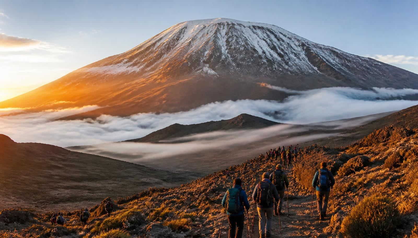 Panoramic sunrise view of Mount Kilimanjaro with international trekkers and Tanzanian mountain guides walking a ridge above a sea of clouds toward the snow-capped Kibo summit