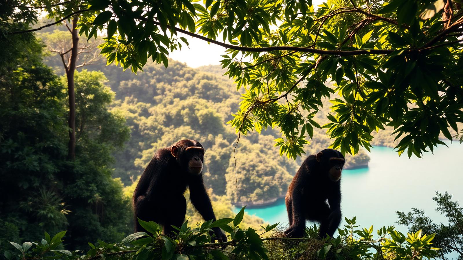 Two wild chimpanzees resting in the lush green forest canopy of Mahale Mountains National Park with the turquoise water of Lake Tanganyika and steep forested mountains visible behind, at golden hour