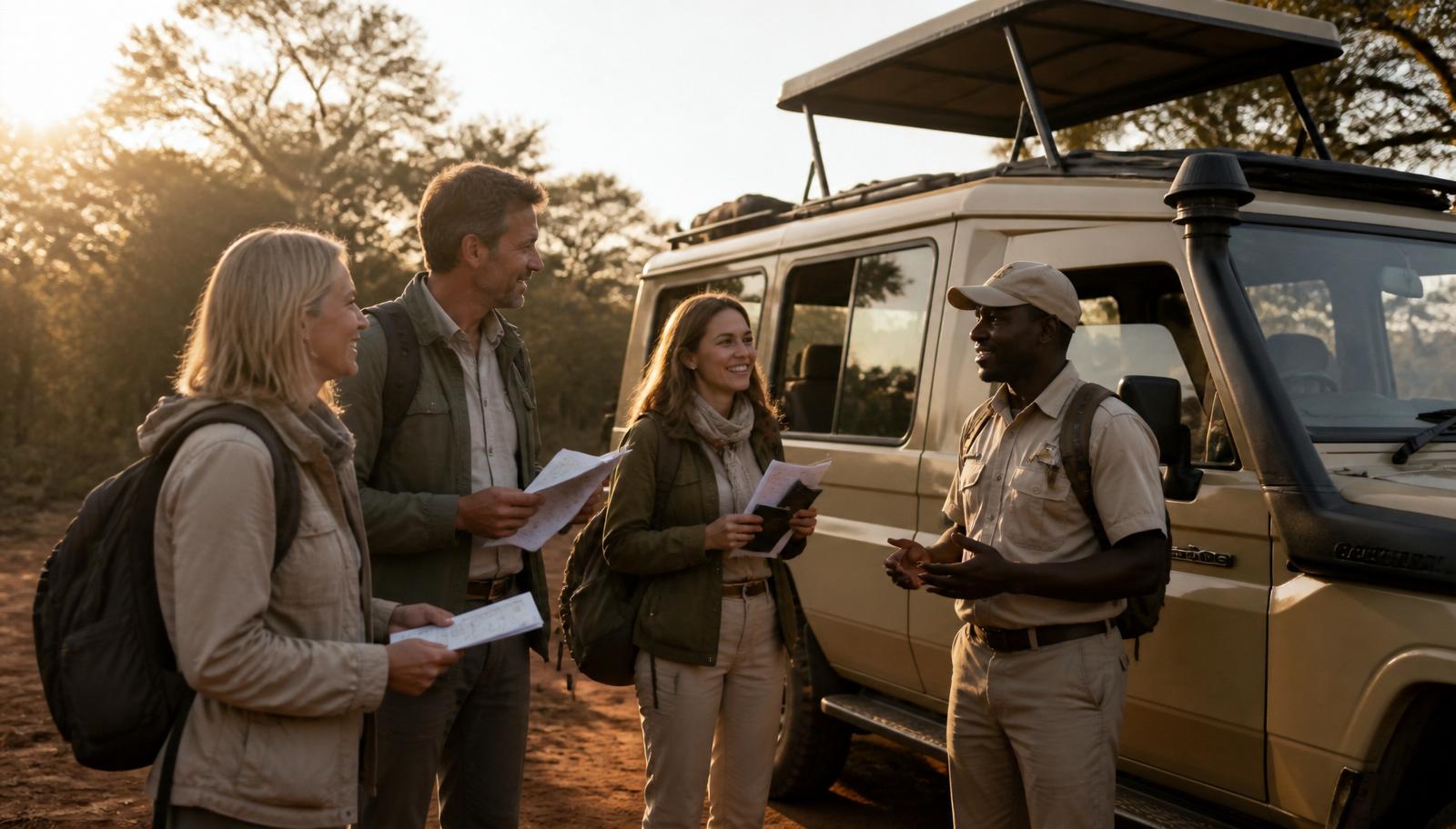 International safari travelers holding travel documents and insurance papers beside a luxury safari Land Cruiser in Arusha as a Tanzanian guide briefs them in golden morning light