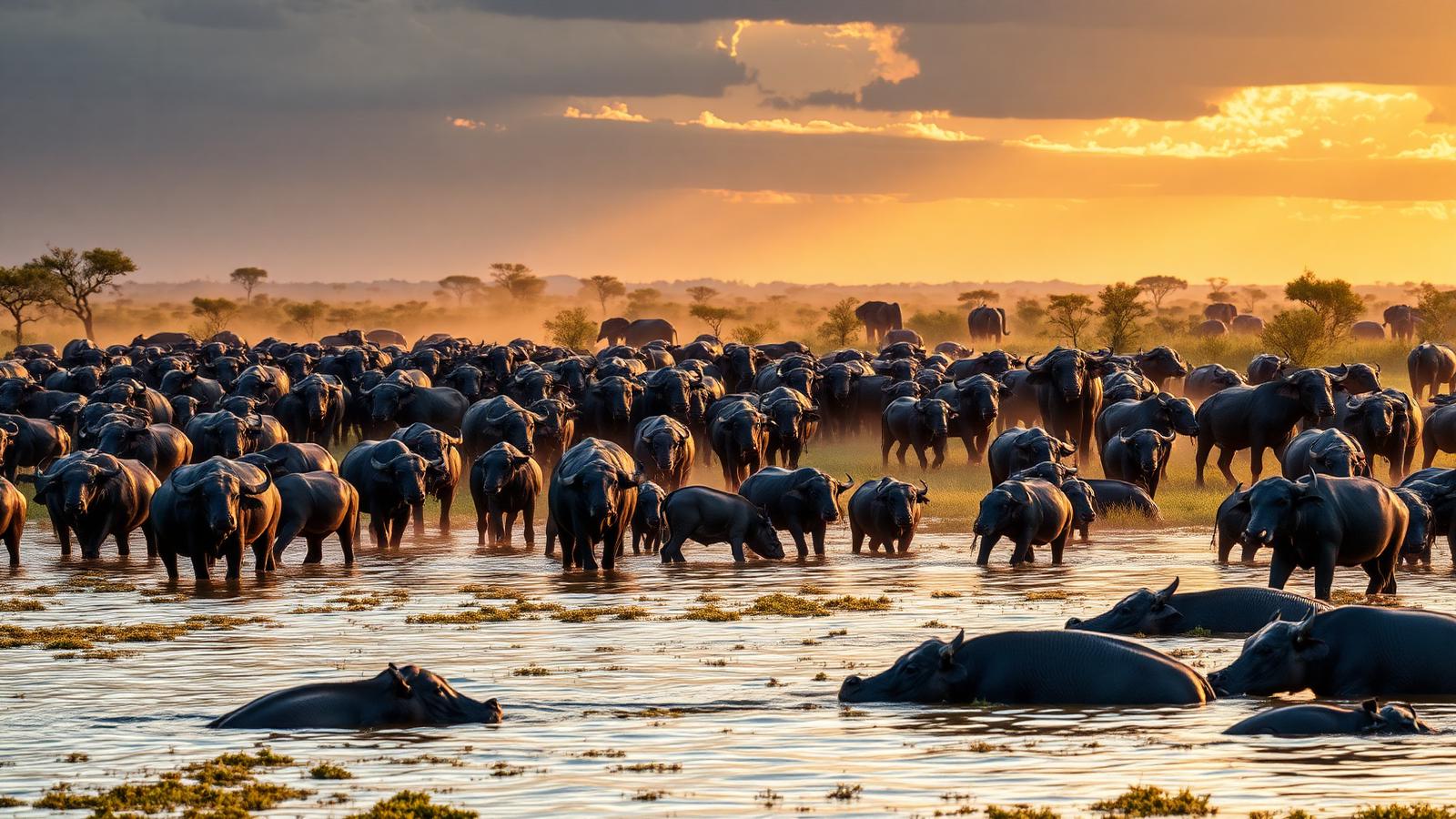 Vast herds of Cape buffalo and elephants gathering to drink beside a hippo-filled pool on the Katuma River floodplain in Katavi National Park, western Tanzania, under a dramatic golden evening sky